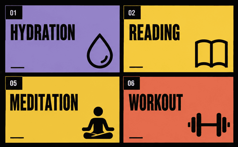 Example TANQLES board with hydration, reading, meditation, and workout squares